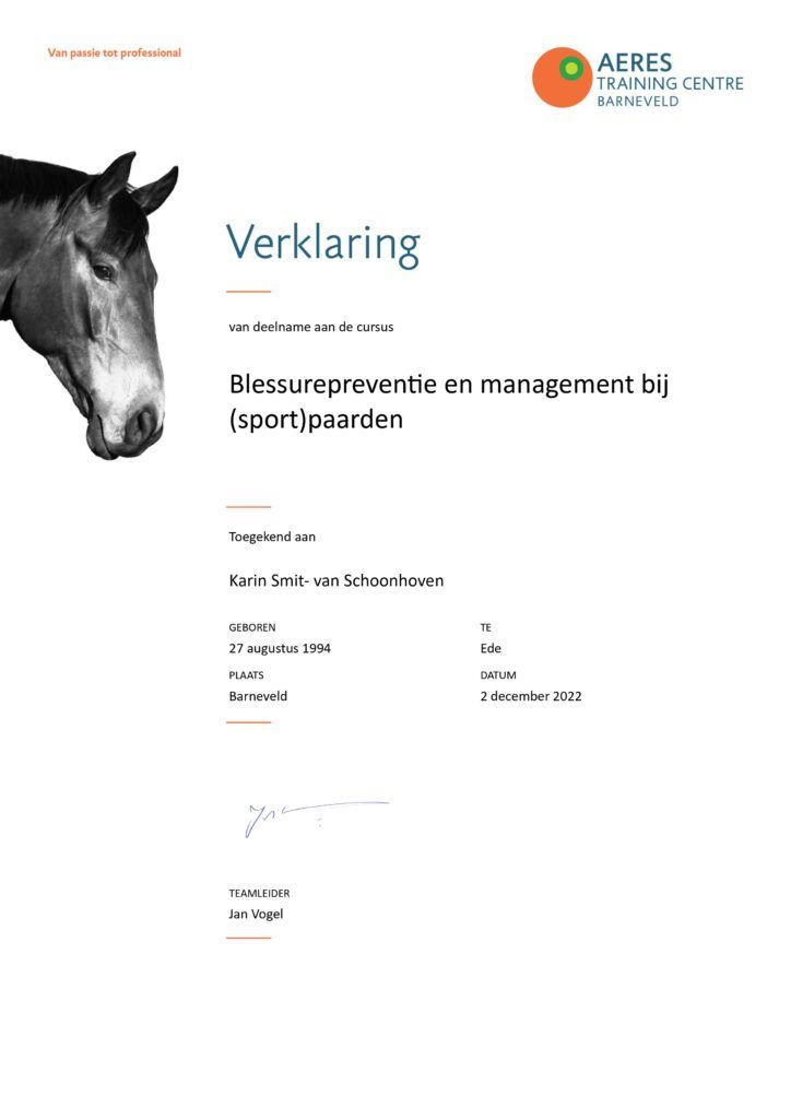 Verklaring van deelname Blessurepreventie en management bij sportpaarden